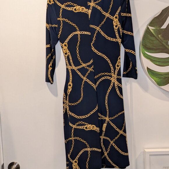 Ralph Lauren Navy Equestrian Chain Print Old Money Wrap Dress - Women's sz 8 - Picture 13 of 14